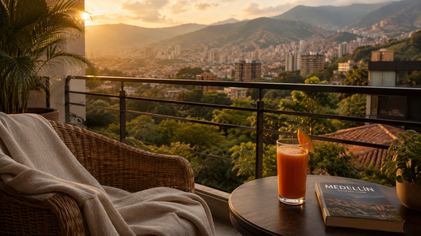 Fresh papaya juice on a balcony table overlooking Medellin at golden hour