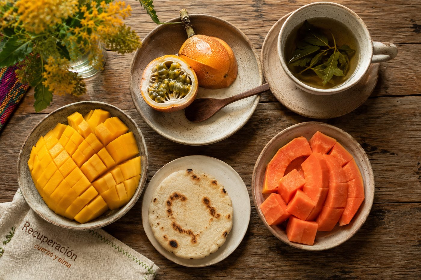 Colombian recovery breakfast of mango, papaya, granadilla, arepa and herbal tea