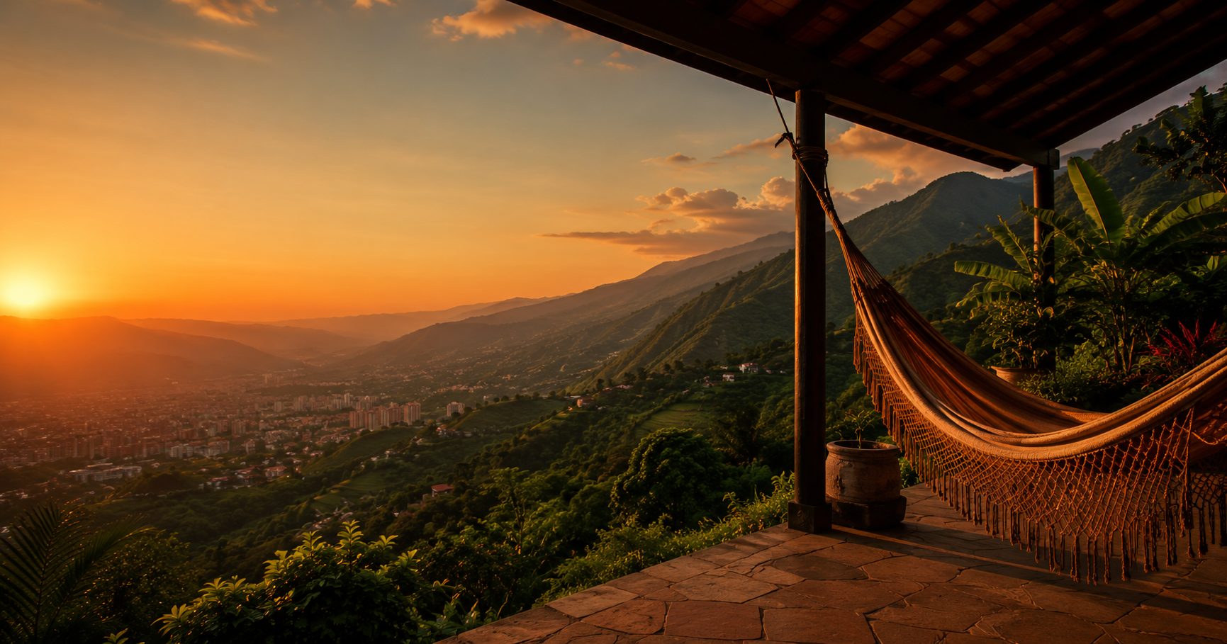 Hammock on a covered terrace overlooking the Aburra Valley at sunset