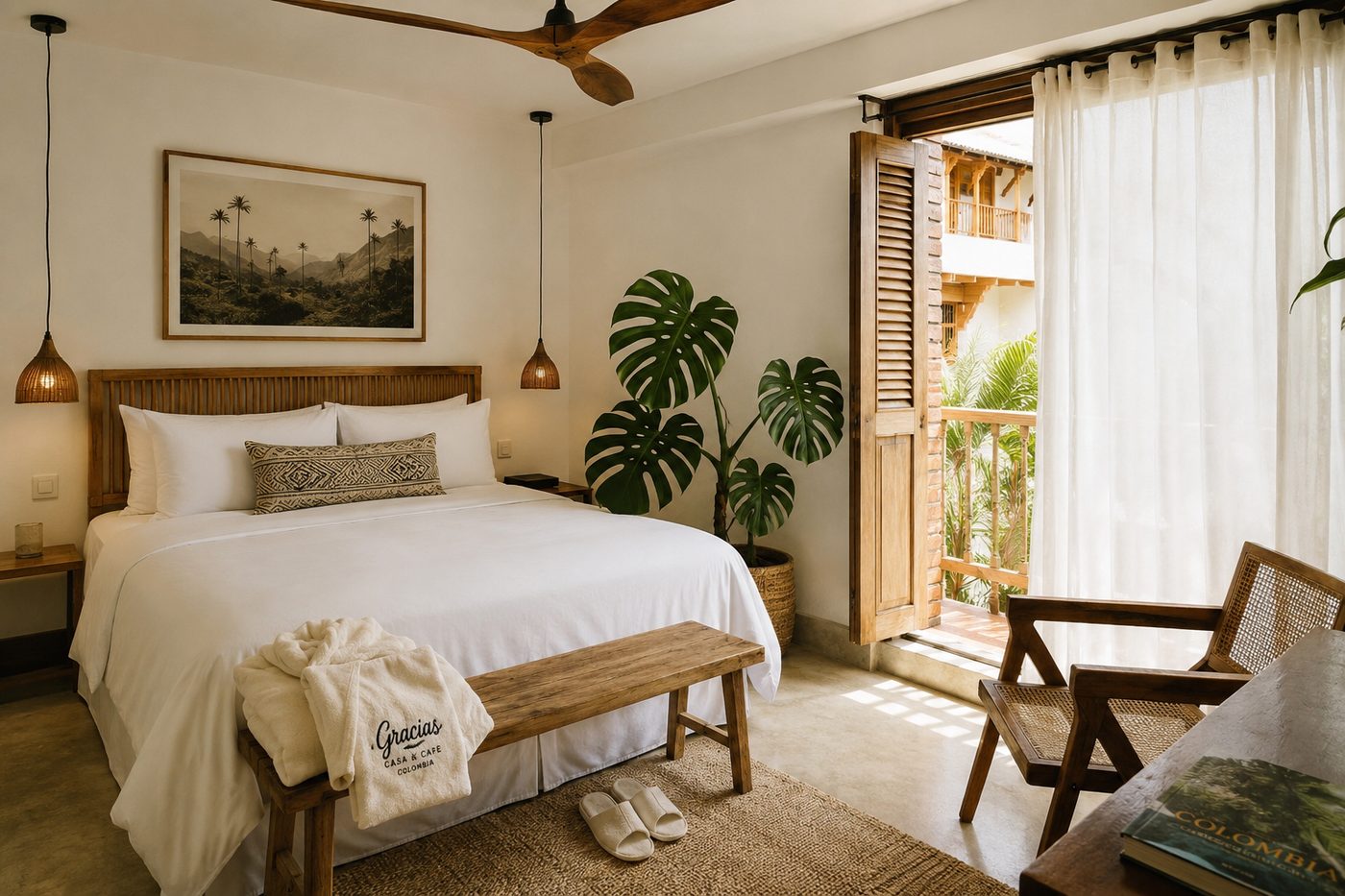Bright recovery suite with linen bed, monstera plant and balcony light